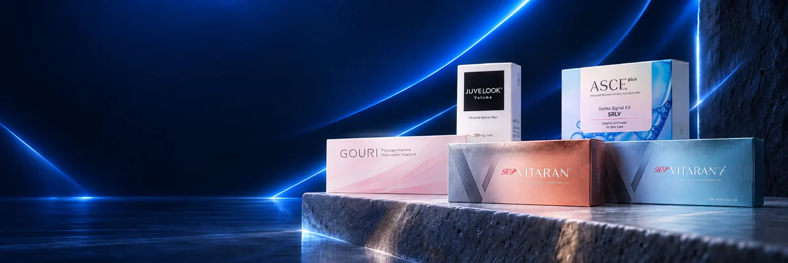 aesthetics products on a stone plinth